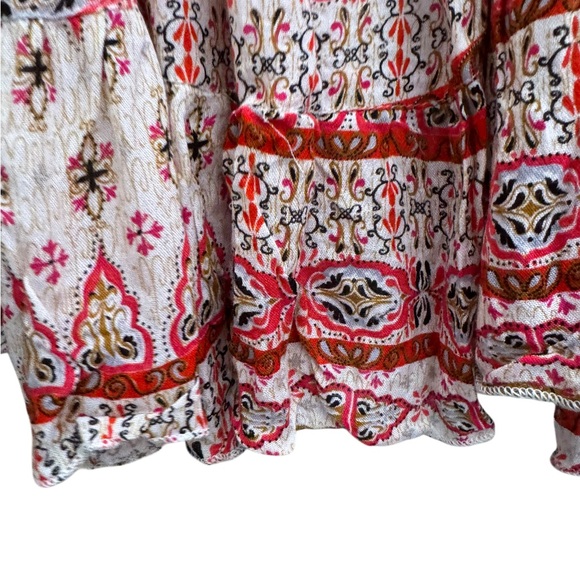 Rebellion Red and Cream Paisley Boho Asymmetrical Bell Sleeve Dress 100% Rayon - Picture 5 of 16